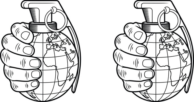 Hand holding grenade, globe illustration, world map, vector icons