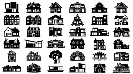 House and Building Silhouette Icon Set with Cottage, Barn, Villa, Cabin, Modern Home and Tiny House Symbols © Prosenjit