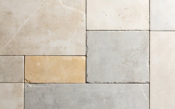 Top view of various rectangular stone tiles arranged in a geometric pattern