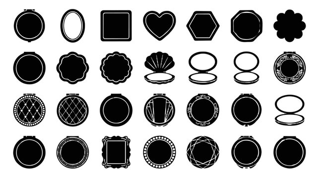 Compact Mirror and Pocket Case Silhouette Icon Set with Round, Oval, Heart, Shell and Ornate Powder Compact Shapes