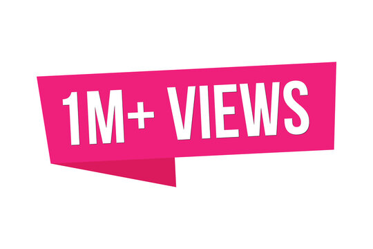 Bold pink &ldquo;1M+ Views&rdquo; banner label with white text isolated on a white background. Modern social media milestone graphic suitable for viral content, video thumbnails, influencer marketing.