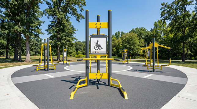 Accessibility infrastructure featuring specialized yellow fitness machines designed for wheelchair users within a modern outdoor public park environment.