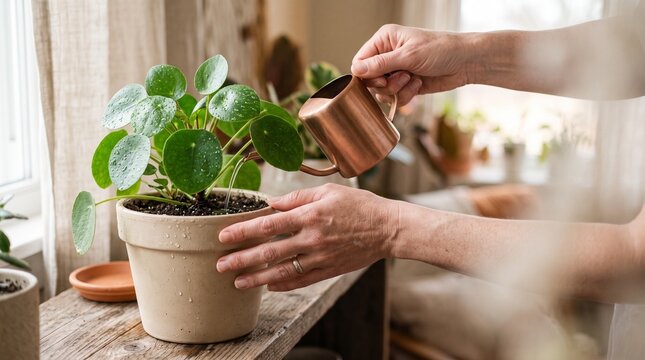 Close-up of male hands repotting a pilea houseplant into a terracotta pot on a wooden table