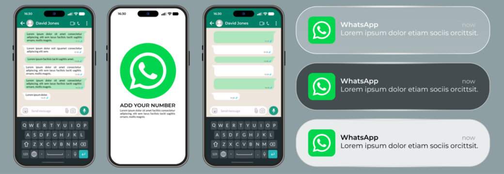 WhatsApp mobile messaging app interface toolkit, showcasing chat screens with keyboard, including notification style examples