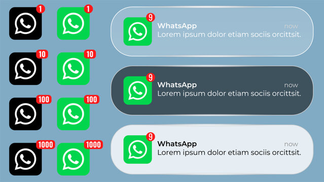 WhatsApp notification banners and app icons, featuring multiple unread message counts, arranged on a blue background