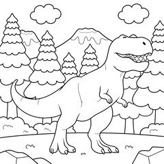 Cute Tyrannosaurus rex coloring page with bold outlines in a prehistoric forest, perfect for children's coloring books. © Umm Hamzah