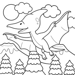 Cute Pteranodon coloring page with bold outlines, flying over prehistoric mountains, perfect for children's coloring books. © Umm Hamzah