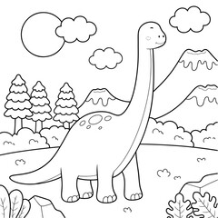 Cute Apatosaurus dinosaur coloring page with bold outlines, mountains, and trees, perfect for children's coloring books. © Umm Hamzah