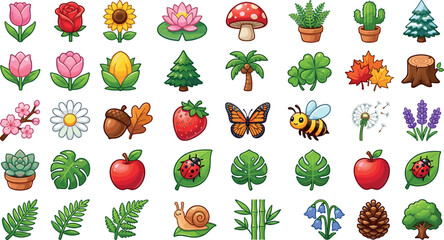 Cute nature and garden cartoon icon vector set featuring colorful flowers fruits trees insects mushrooms and potted plants isolated on white © Sumaiya Akter Sweety