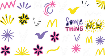 Hand drawn cute doodle stickers vector set featuring colorful geometric shapes flowers sparks typography starburst and trendy design elements collection © Md