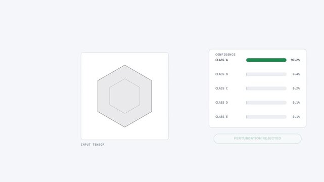 Abstract motion graphics illustrating the concept of adversarial robustness in machine learning with dynamic shapes and gradients