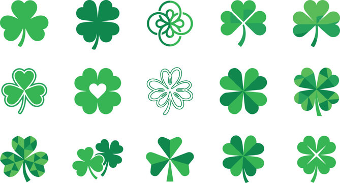 Green clover and shamrock vector icon set featuring three and four leaf plant designs for Saint Patrick Day decorations on white background