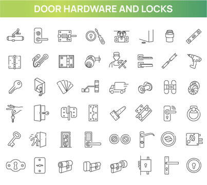Door Hardware and Locks Line Icons Set. Handles, Hinges, Keys, Smart Locks
