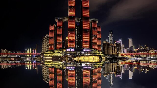 Chongqing cyberpunk city skyline illuminated at night reflected in water