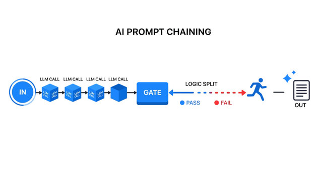 AI Prompt Chaining Diagram with LLM calls and logic gates on white background ideal for technical presentations and AI development blogs.