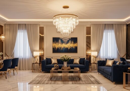 Luxurious living room with deep blue sofas, marble flooring, and a crystal chandelier