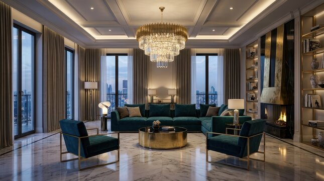 Luxurious living room with marble flooring, plush seating, and a modern fireplace