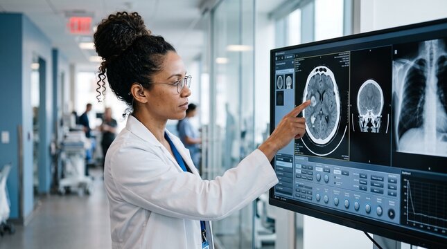 Radiologist in hospital analyzing brain scan on large touchscreen display in medical imaging lab