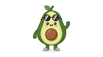 Fototapeta premium Cute cartoon avocado character wearing sunglasses waving hello in a colorful flat vector graphic design style