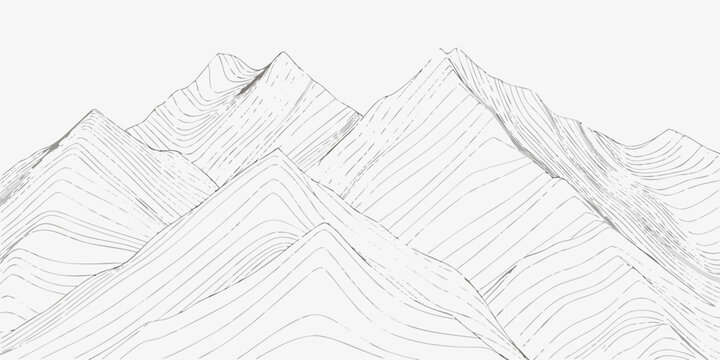 Mountain range illustration black and white linear drawing on light background