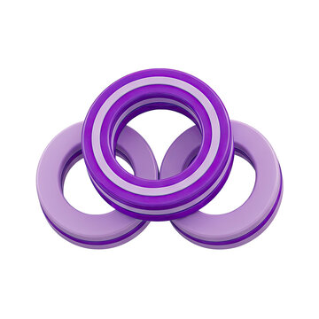 Three interlocking rings with purple and white stripes
