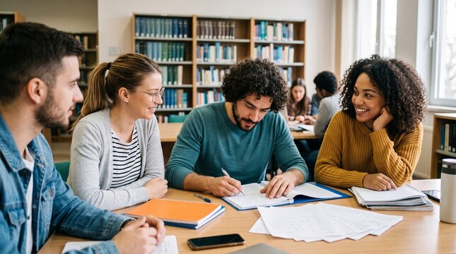 Diverse group of students collaborating at library table while working on study project