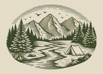 Mountain landscape with forest and tent vintage vector illustration © Beauti