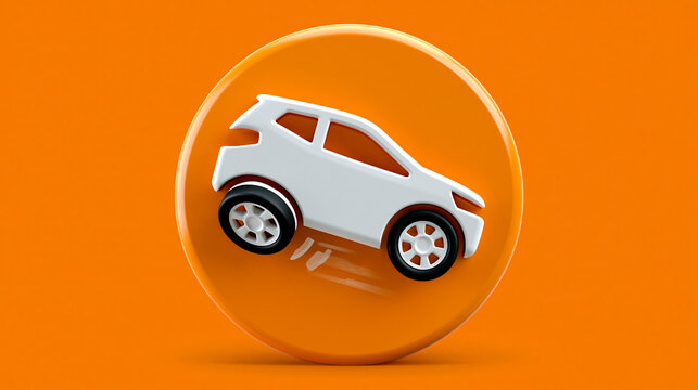 Wei&szlig;es Auto Icon schwebt auf orangefarbenem 3D-Kreis