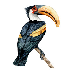 Great Hornbill, watercolor vector portraying a joyful pose with colorful highlights, isolated on a white background. © trovexa