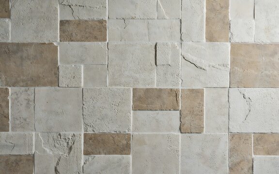 Textured stone wall tile pattern with mixed beige and grey rectangular blocks