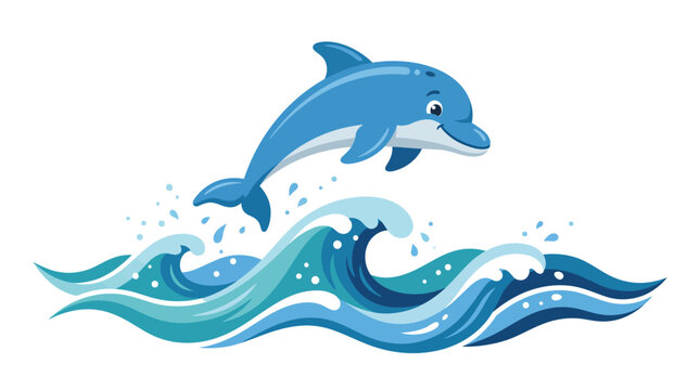 Cute blue dolphin jumping over stylized ocean waves in a flat vector graphic art style
