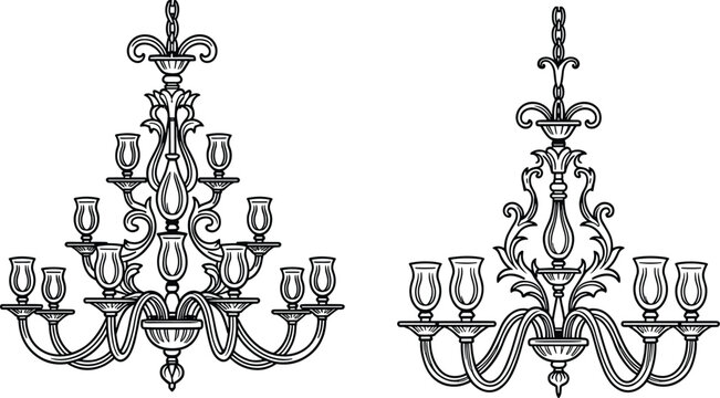 Luxury vintage baroque chandelier furniture set line art vector illustration for interior design
