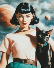 Retro 1950s Woman with Black Cat Floral Background Vintage Pin-Up Art © This is Art