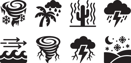 Fototapeta premium Extreme weather conditions and natural disaster icon collection isolated on white background