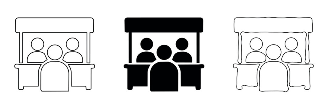 Set of icons representing people at a market stall or booth