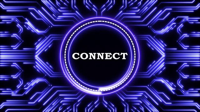 Neon blue digital interface with circuit board pattern and connect text overlay.