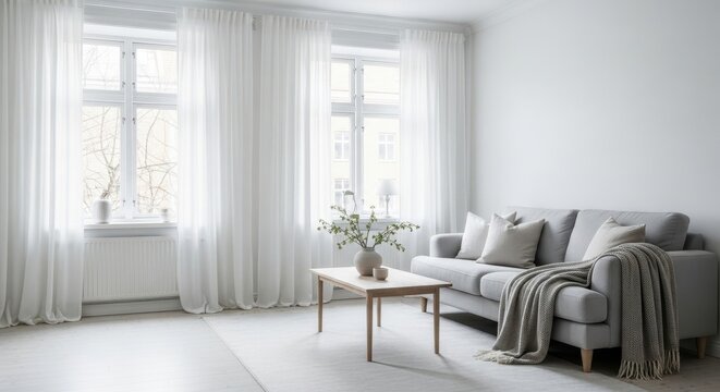 Bright scandinavian living room with a gray sofa, coffee table, and sheer white curtains