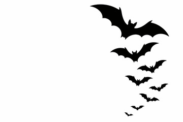 Fototapeta premium A flock of black bat silhouettes flying in a group on a white background.
