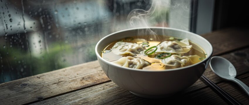Hot dumpling soup in a white bowl served on a rustic wooden table with raindrops on the window creating a cozy atmosphere for a warm meal