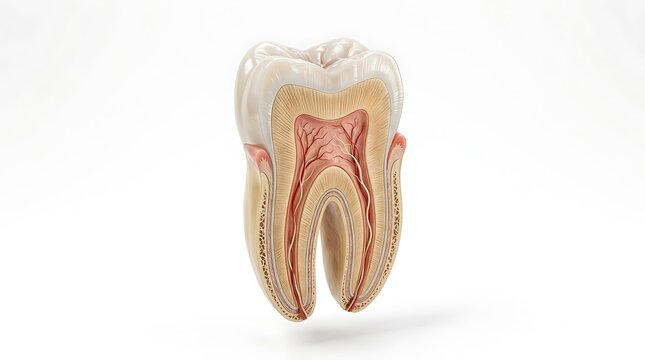 Molar tooth cross section displays the intricate internal structures including enamel, dentin, pulp cavity, and root canals in a clear anatomical representation for medical and dental education.