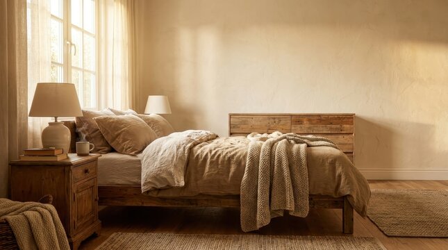 Cozy bedroom interior with warm lighting from a large window and bedside lamps