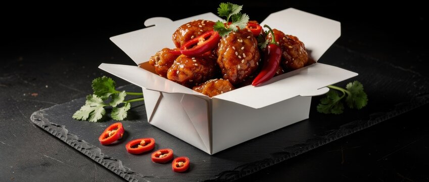 Crispy Chicken Wings in Takeout Box with Red Chili Peppers and Fresh Cilantro on Dark Background Perfect for Food Photography