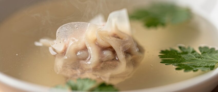 Delicate Dumpling Floating in Clear Broth Garnished with Fresh Cilantro on Wooden Table Perfect for Asian Cuisine and Culinary Photography