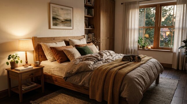 Cozy bedroom with a soft bed, warm lighting, and a window view of trees at dusk