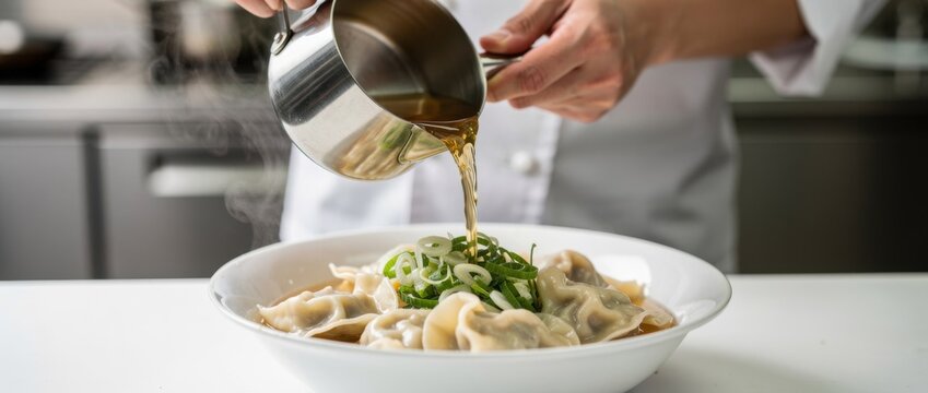 Chef carefully pouring hot broth over freshly made dumplings in a modern kitchen setting, showcasing culinary skill and delicious comfort food