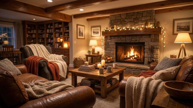 Cozy living room with a fireplace, warm lighting, and comfortable seating for relaxation