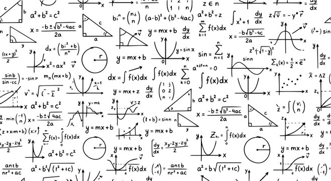 Math seamless pattern with handwriting of various operations and step-by-step solutions. Geometry and mathematics subjects. College lectures.