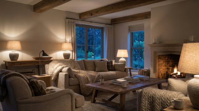 Cozy living room with warm lighting, fireplace, and comfortable seating at dusk