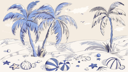 Tropical Beach Scene With Palm Trees And Seashells Hand drawn Illustration © Lovely