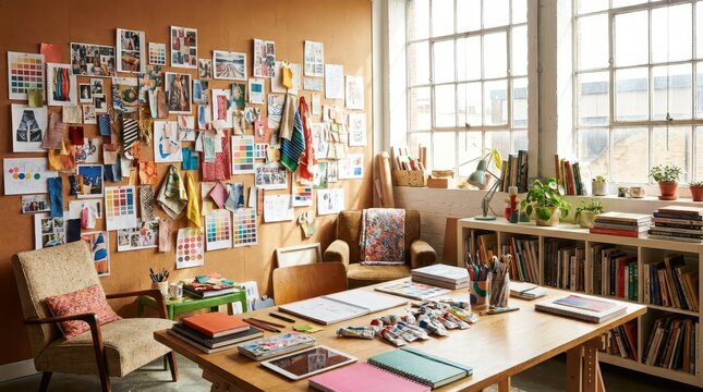 Creative studio space with mood board, desk, and bookshelves filled with art supplies